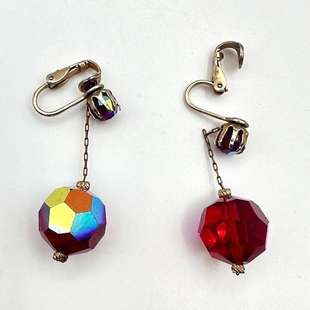 Vintage 90s AB Red Beaded Dangle Earrings Retro Women's Classic Jewelry Retro